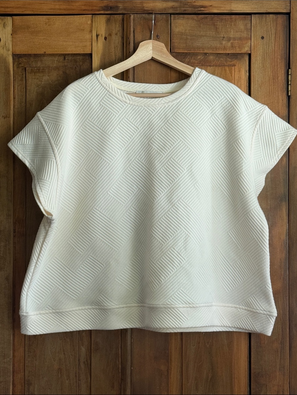 Cream Textured L Short-Sleeve Pullover Sweatshirt Boxy Oversized